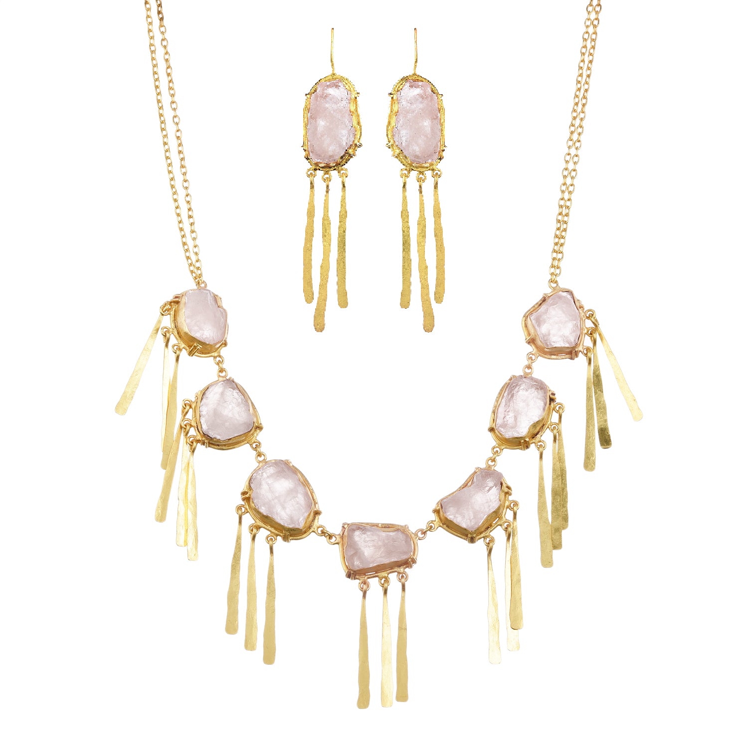 Fringe Necklace Set: Gold-Plated Necklace with Rose Quartz Stones