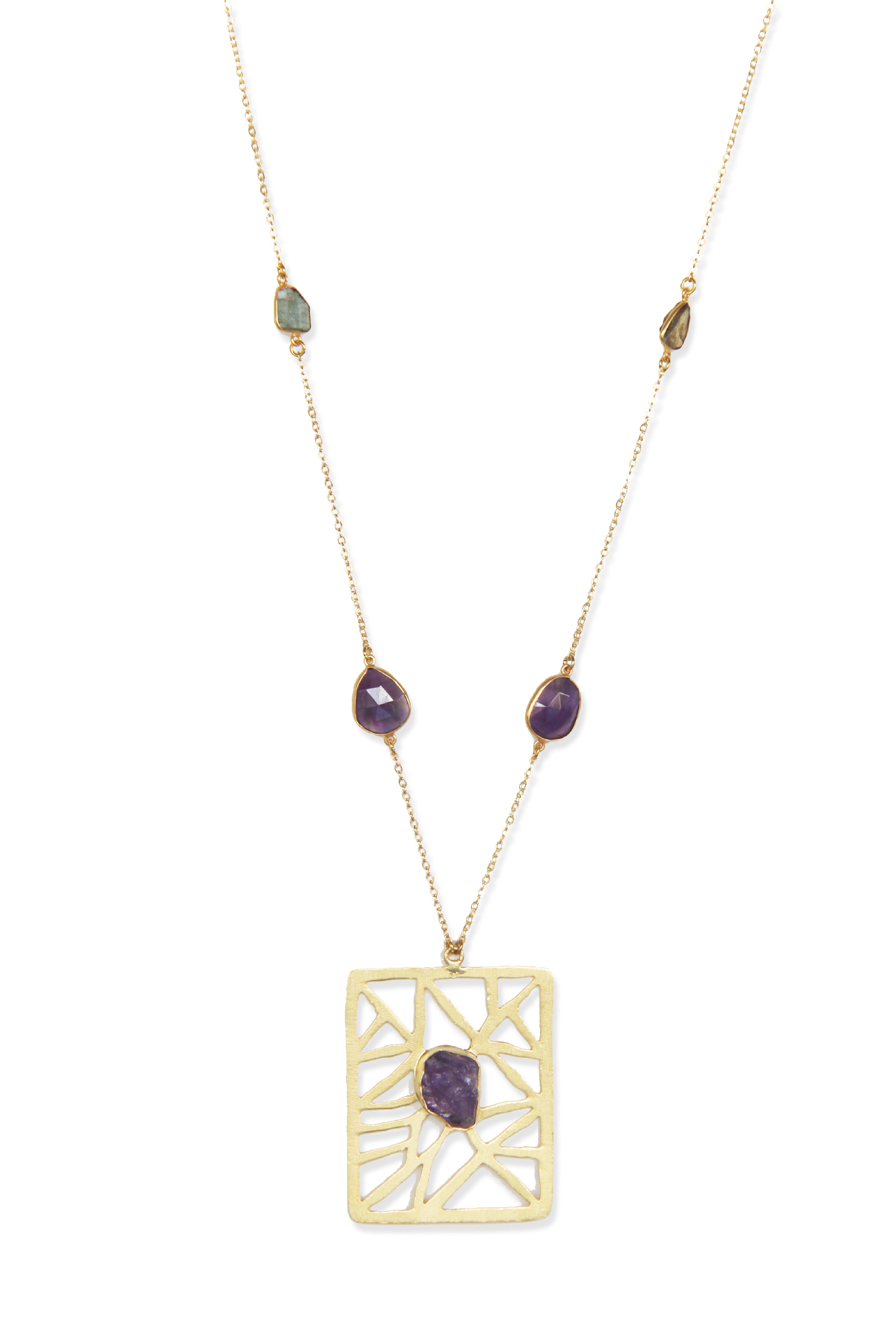 Stone Age Necklace - Elegant Brass with 18K Gold Finish, Featuring Amethyst