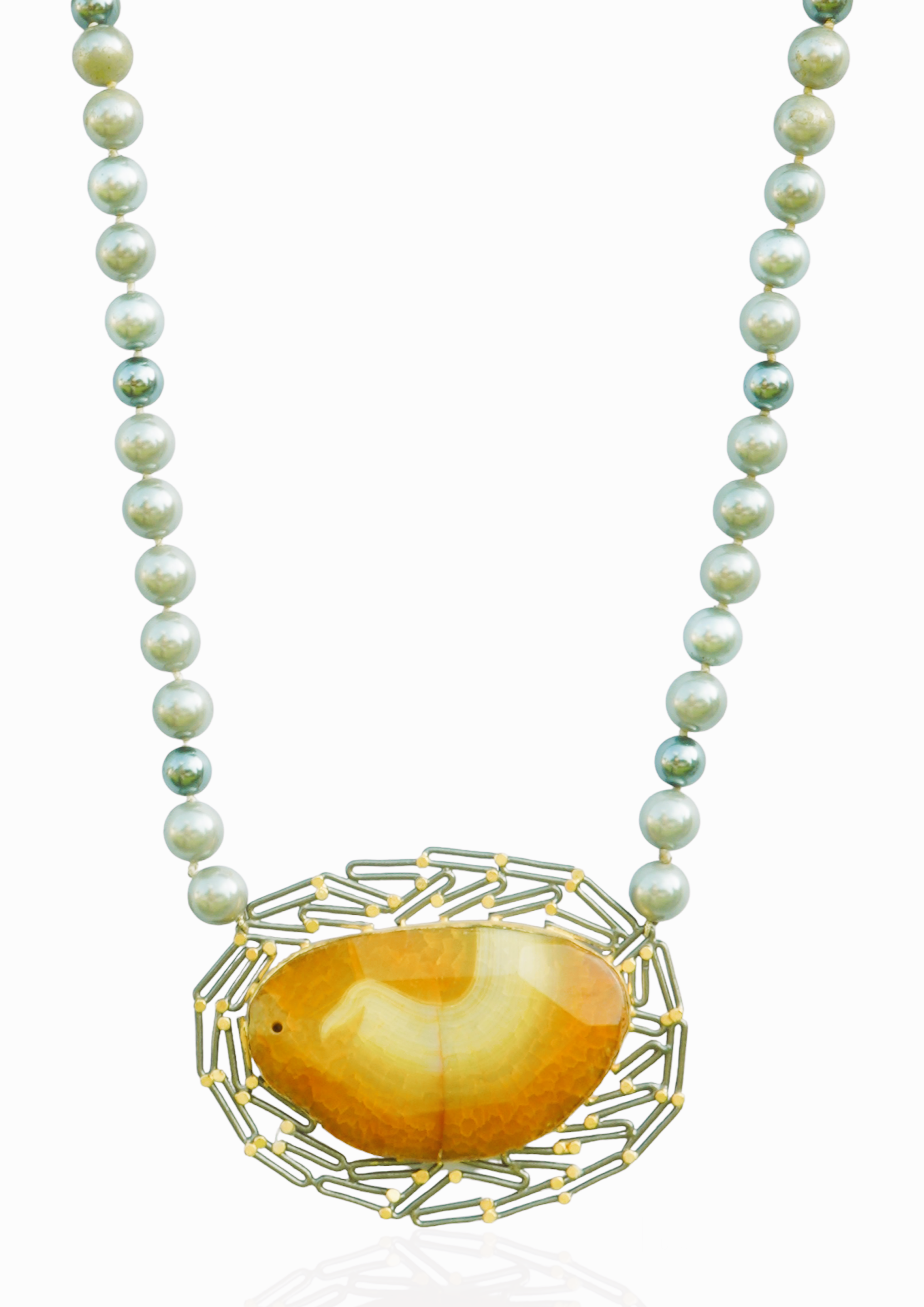 Agate Necklace in Handmade metal alloy with 18K Gold Plate and Tahiti Pearls