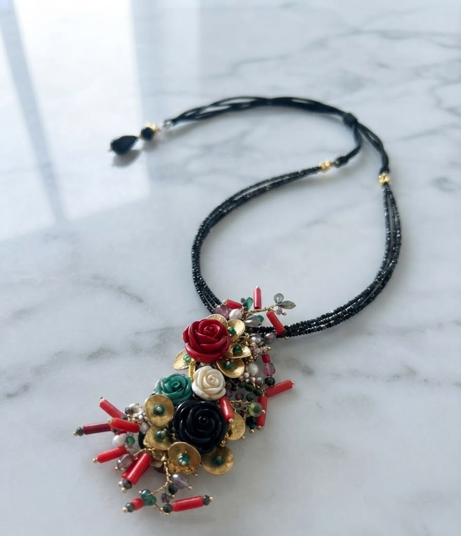 Cascading Rose Cluster Necklace – Clusters of Rose-Toned Natural Stone Beads in Graceful Cascade