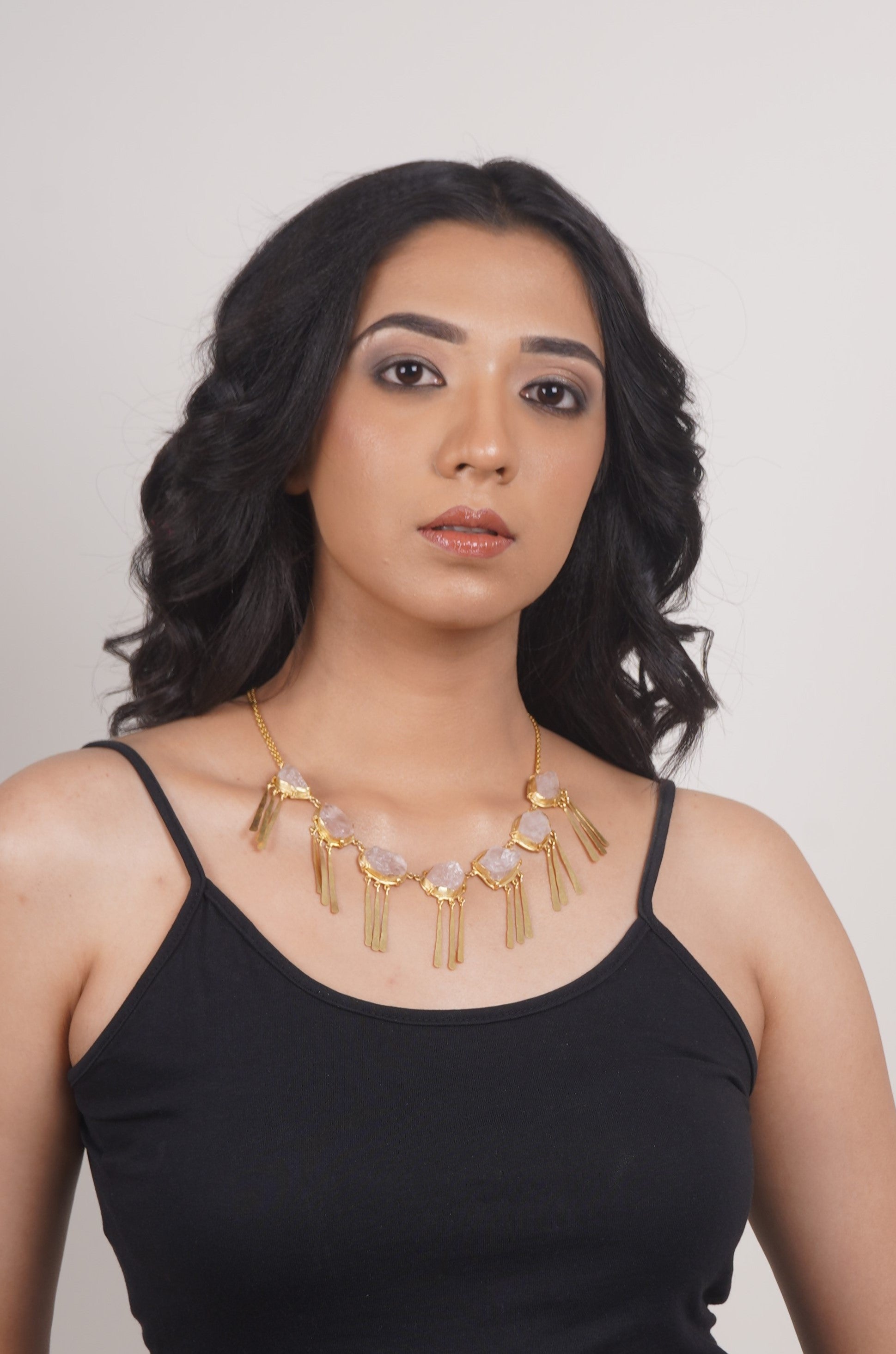 Fringe Necklace - Aquamarine and Brass with 18K Gold Plate