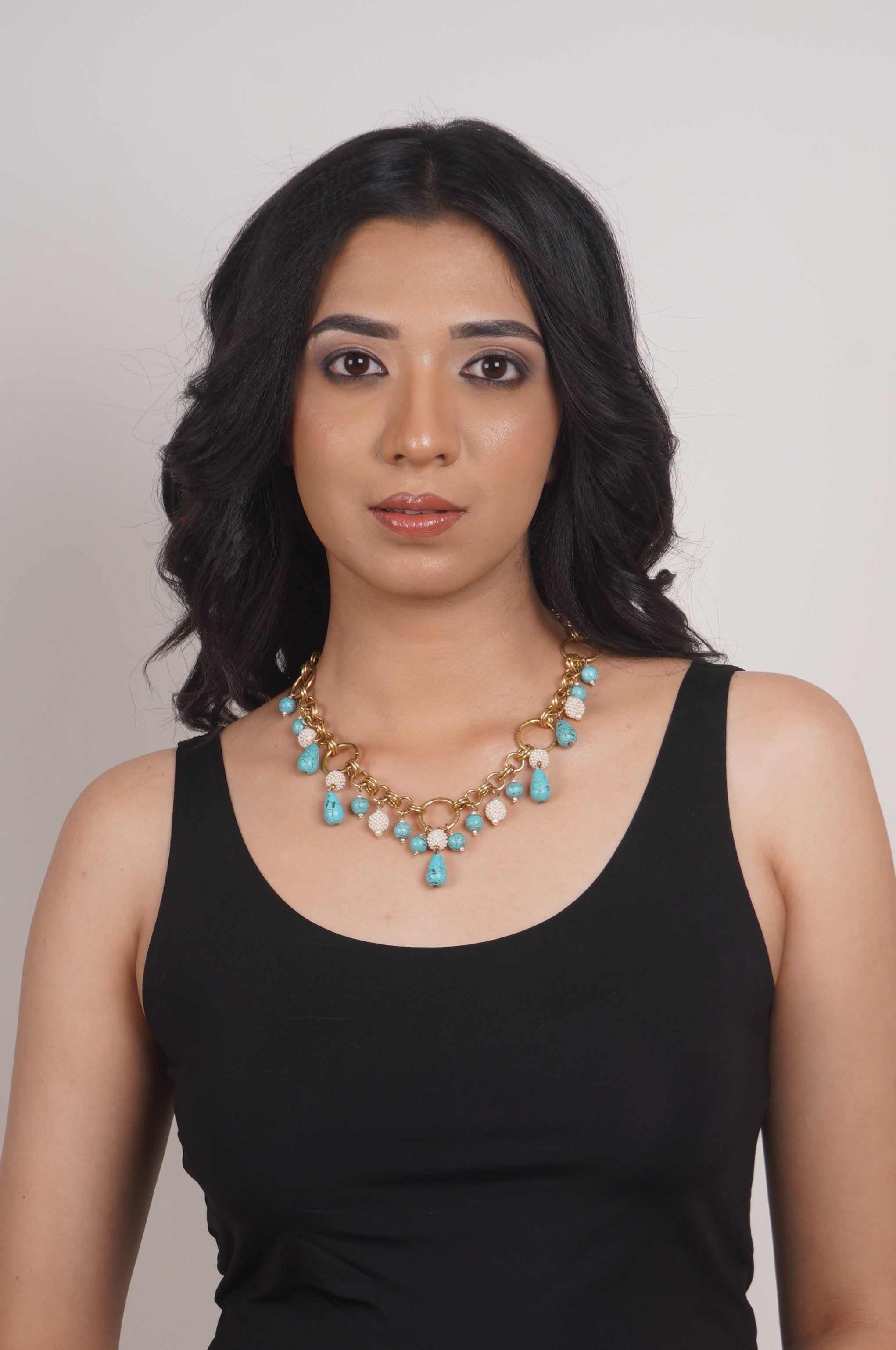 Neelu Necklace - Handmade Brass with 18K Gold Plate and Natural Stones