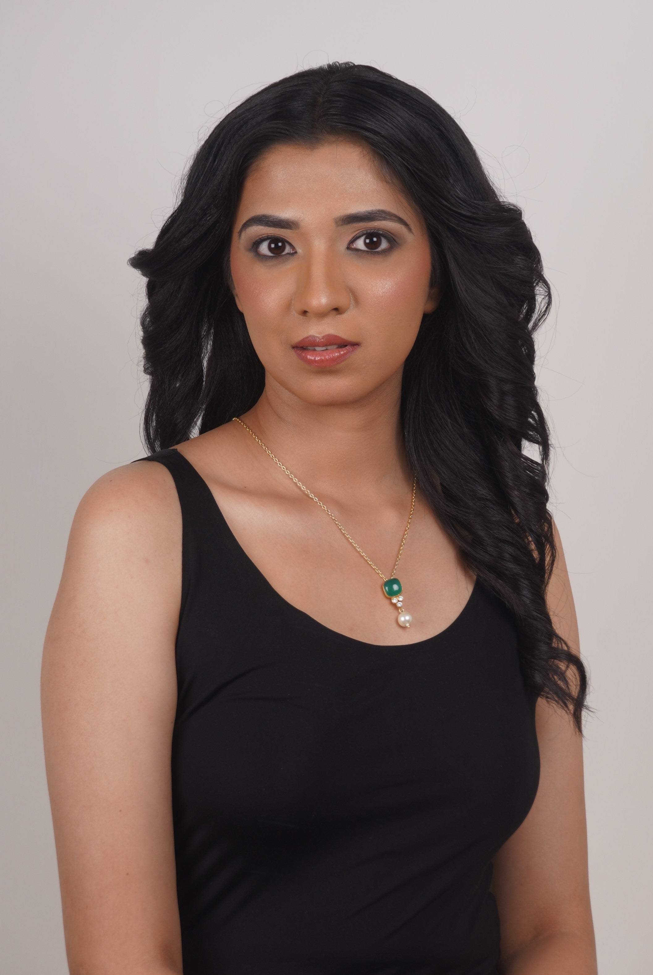 Devi Pearl Drop Necklace: Gold-Plated Necklace with Pearl Drop & Emerald Pendant