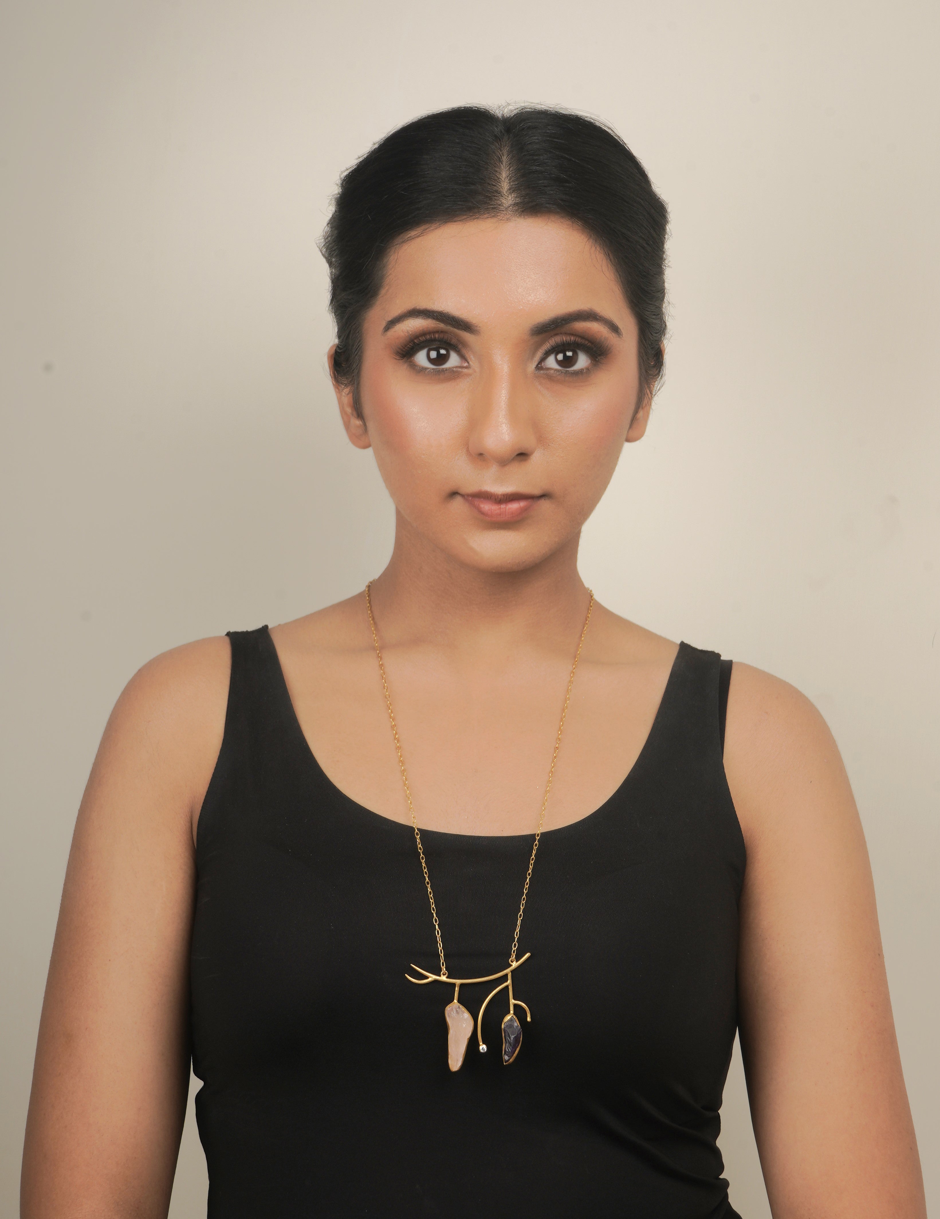 Stone Age Necklace - Brass with 18K Gold Finish, Amethyst and Rose Quartz