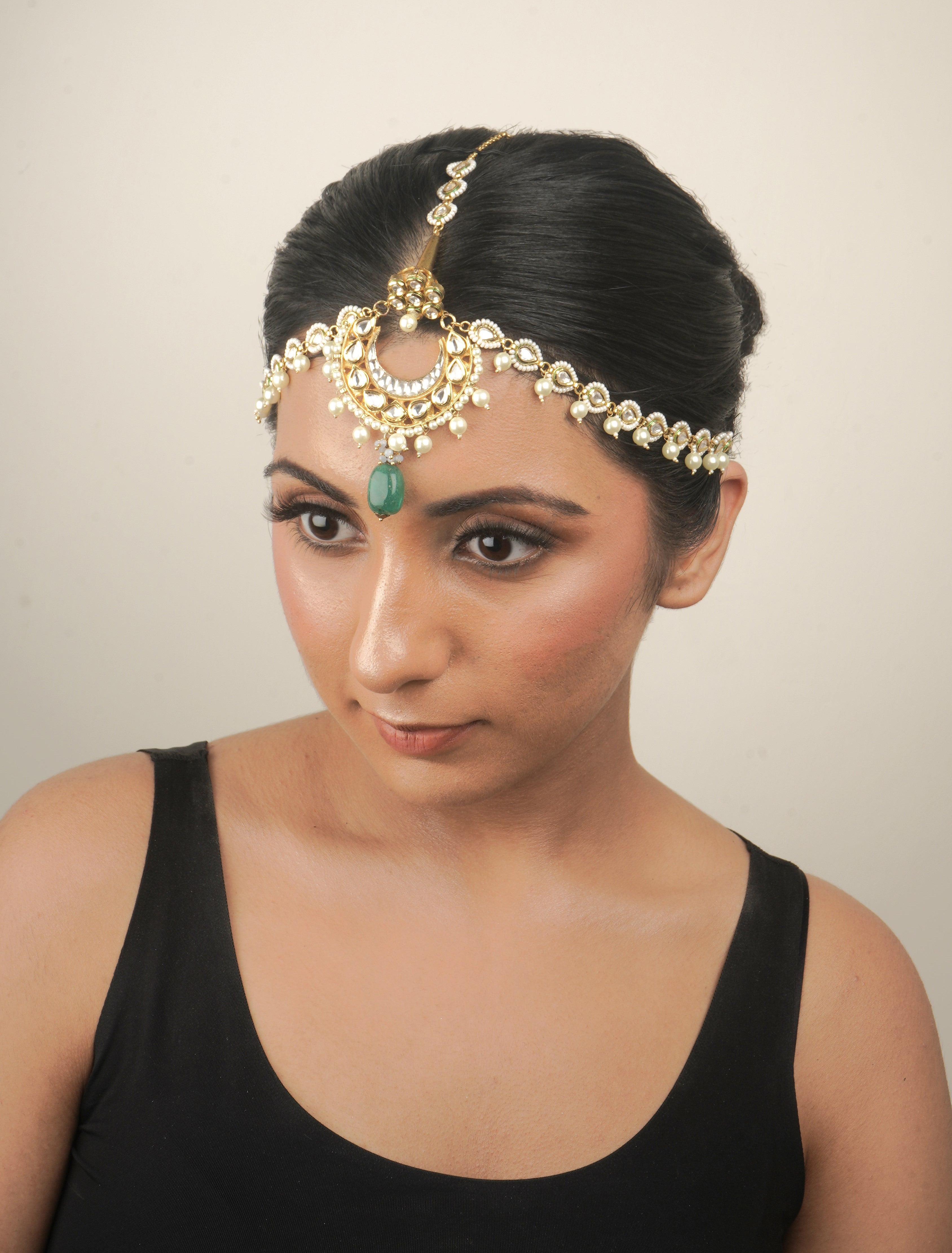 Noor Matha Patti - Handmade Brass with 18K Gold Plate, Onyx, and Pearls