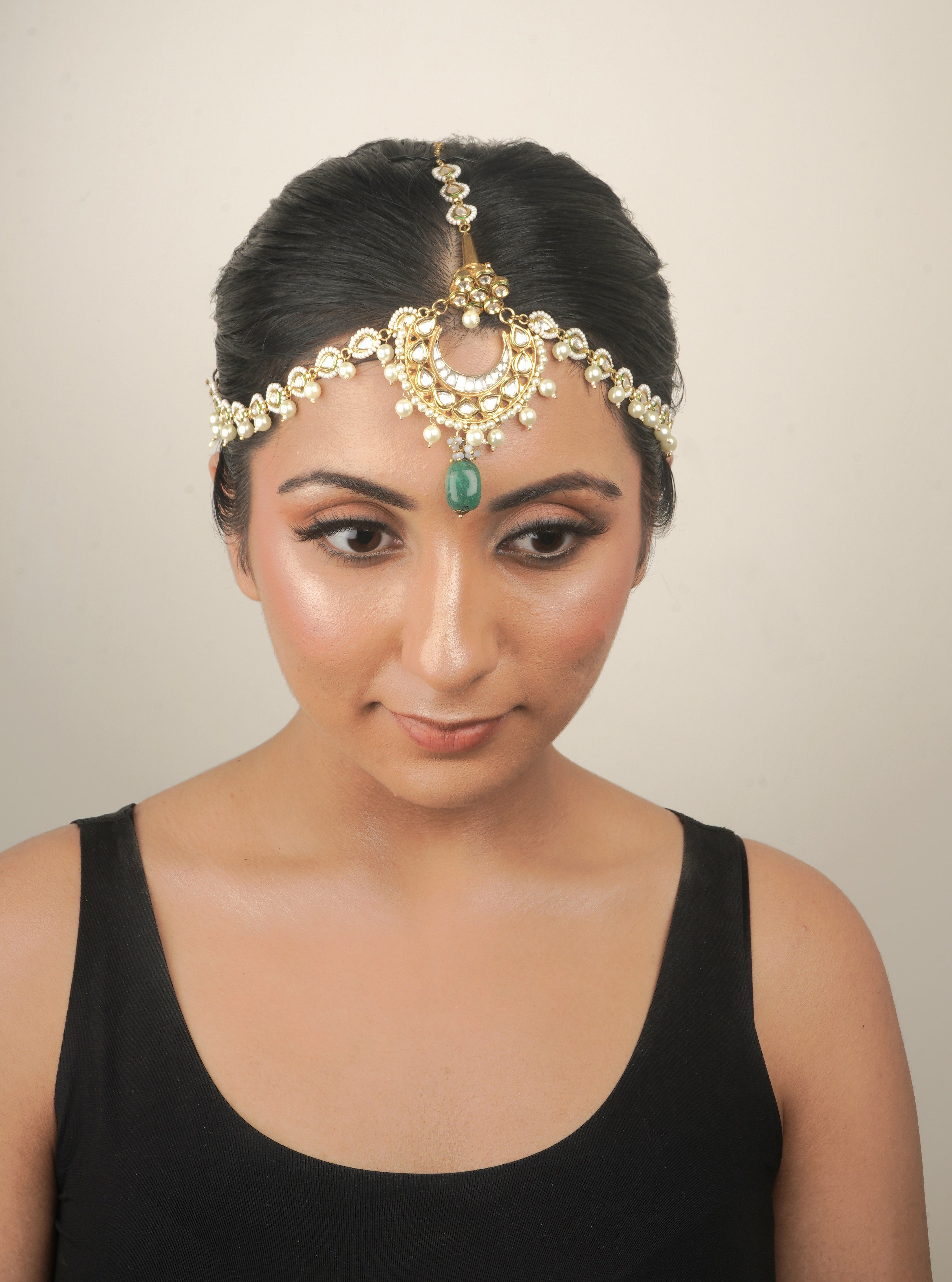 Noor Matha Patti - Handmade Brass with 18K Gold Plate, Onyx, and Pearls