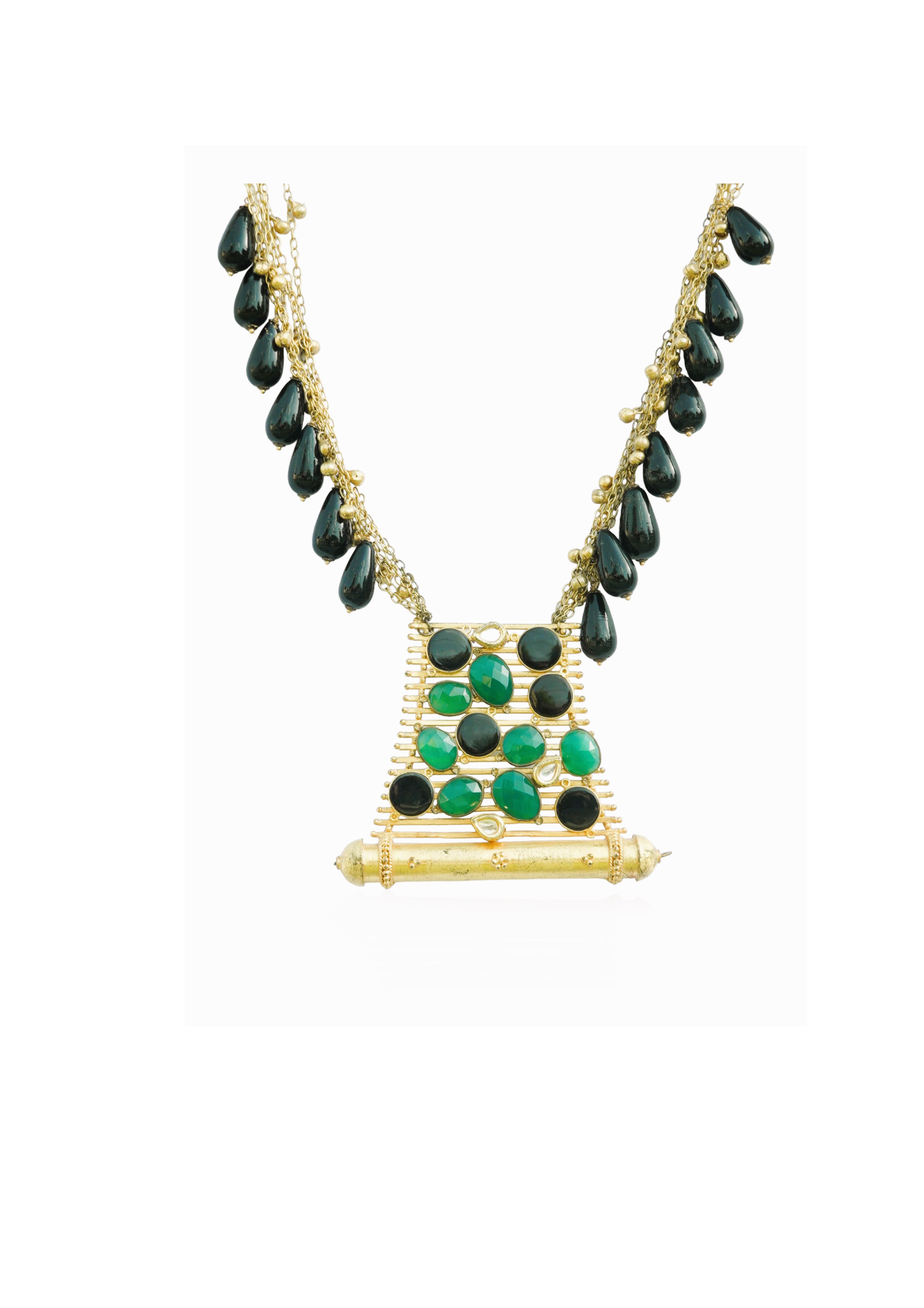 Maya Necklace - Brass Pendant with 22K Gold Plate and Natural Stones