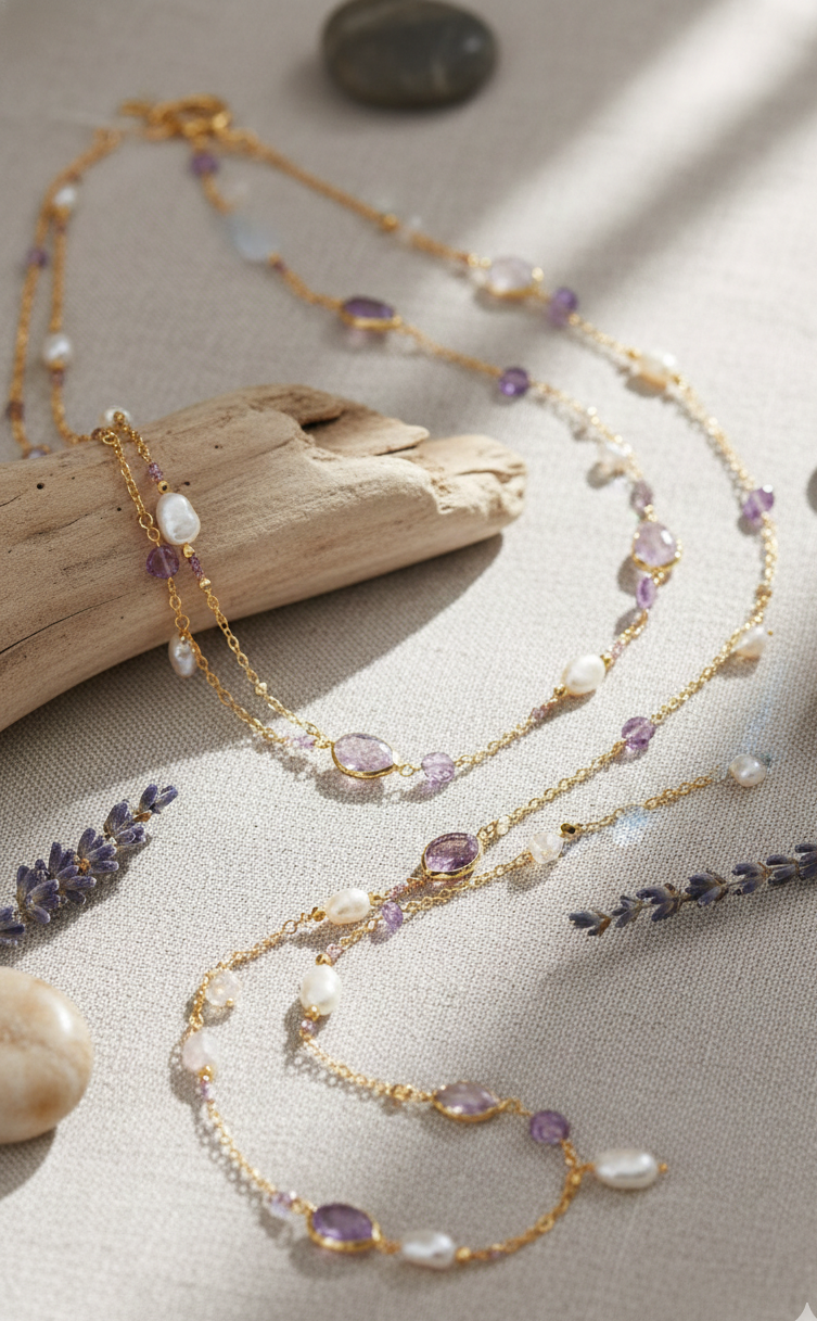 Luxury Amethyst Long Chain Necklace with Baroque Pearls, and Rose Quartz
