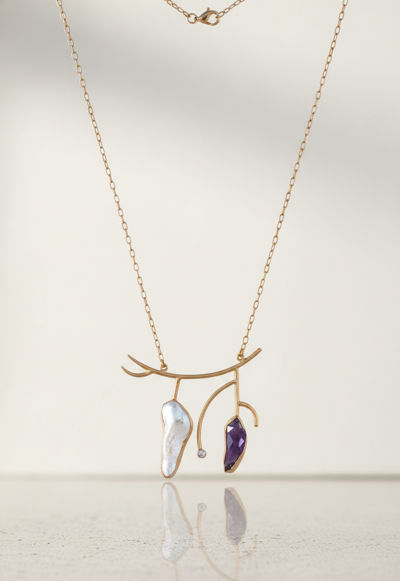 Stone Age Necklace - Brass with 18K Gold Finish, Amethyst and Rose Quartz