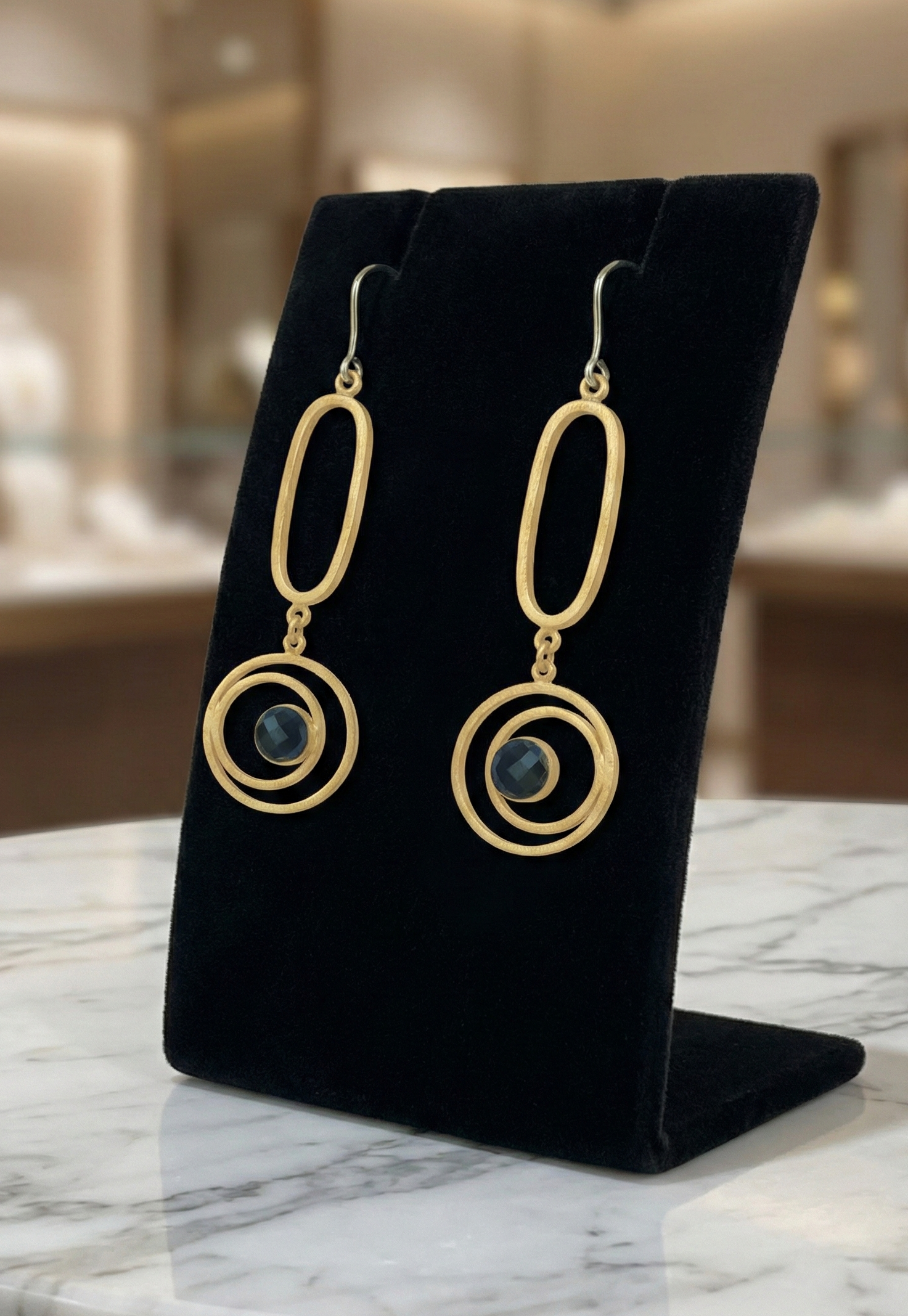 Handmade Metal blast Earrings 18k Gold Plate & natural stones 77mm