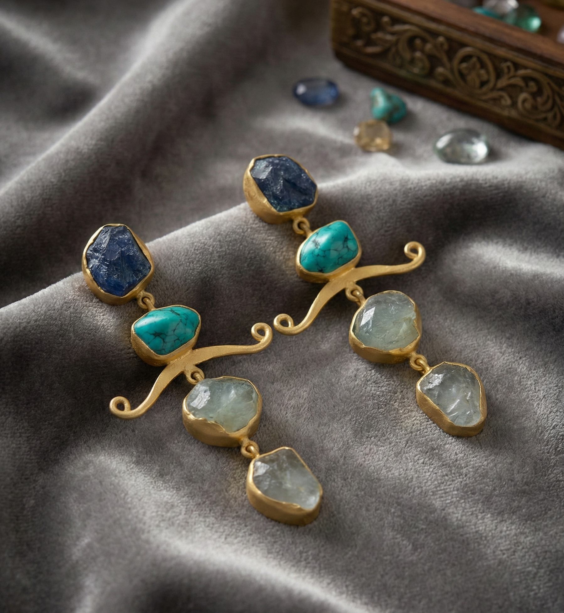 Handmade Metal blast Earrings 18k Gold Plate & natural stones