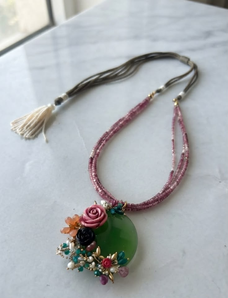 Jade Blossom Pendant Necklace – Lush Cool-Green Jade Blossom Pendant on Stone Chain