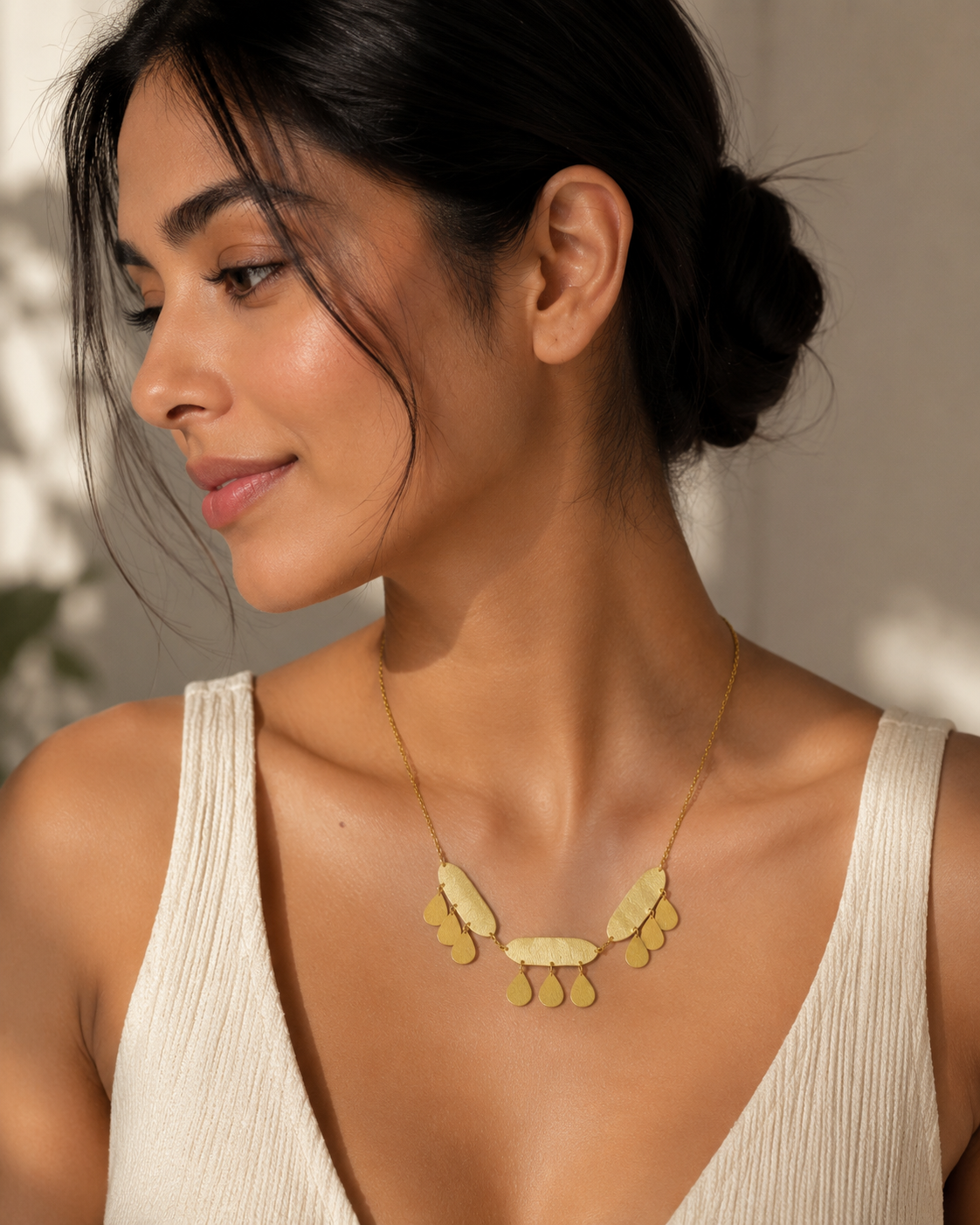 Maiden Cascade Necklace - matte gold sculptural statement necklace with organic geometry