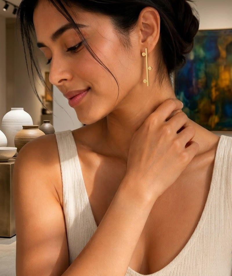 Maiden Linear Studs - gold-tone linear bar stud earrings with circular detail