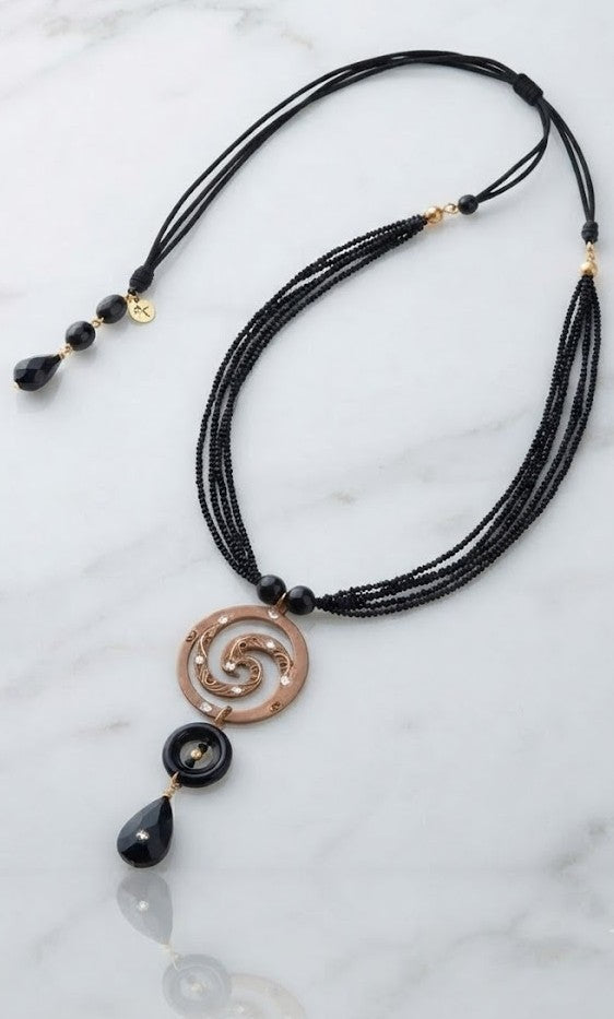 Onyx & Spiral Statement Necklace – Black Multi-Strand Necklace with Metallic Spiral Pendant and Onyx Drop