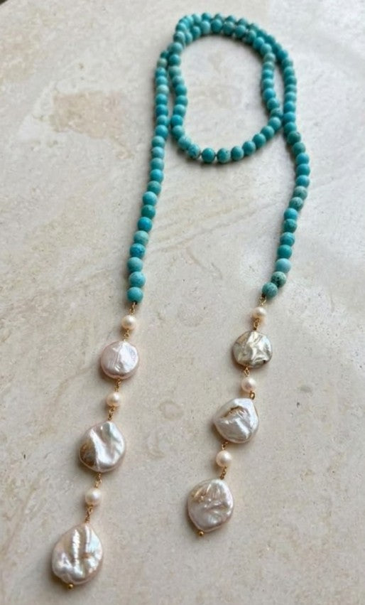 The Azure Pearl Lariat Necklace – Smooth Turquoise Beads Transitioning into Cascading Organic Pearl Drops