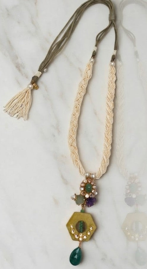 Hexagon Gemstone Braided Necklace – Braided Pearl Strand with Hexagonal Multi-Coloured Gemstone Pendant and Emerald Drop