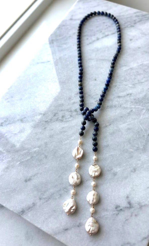 Lapis & Pearl Lariat Necklace – Deep Celestial Lapis Lazuli Beads with Delicate Shimmering Pearl Accents
