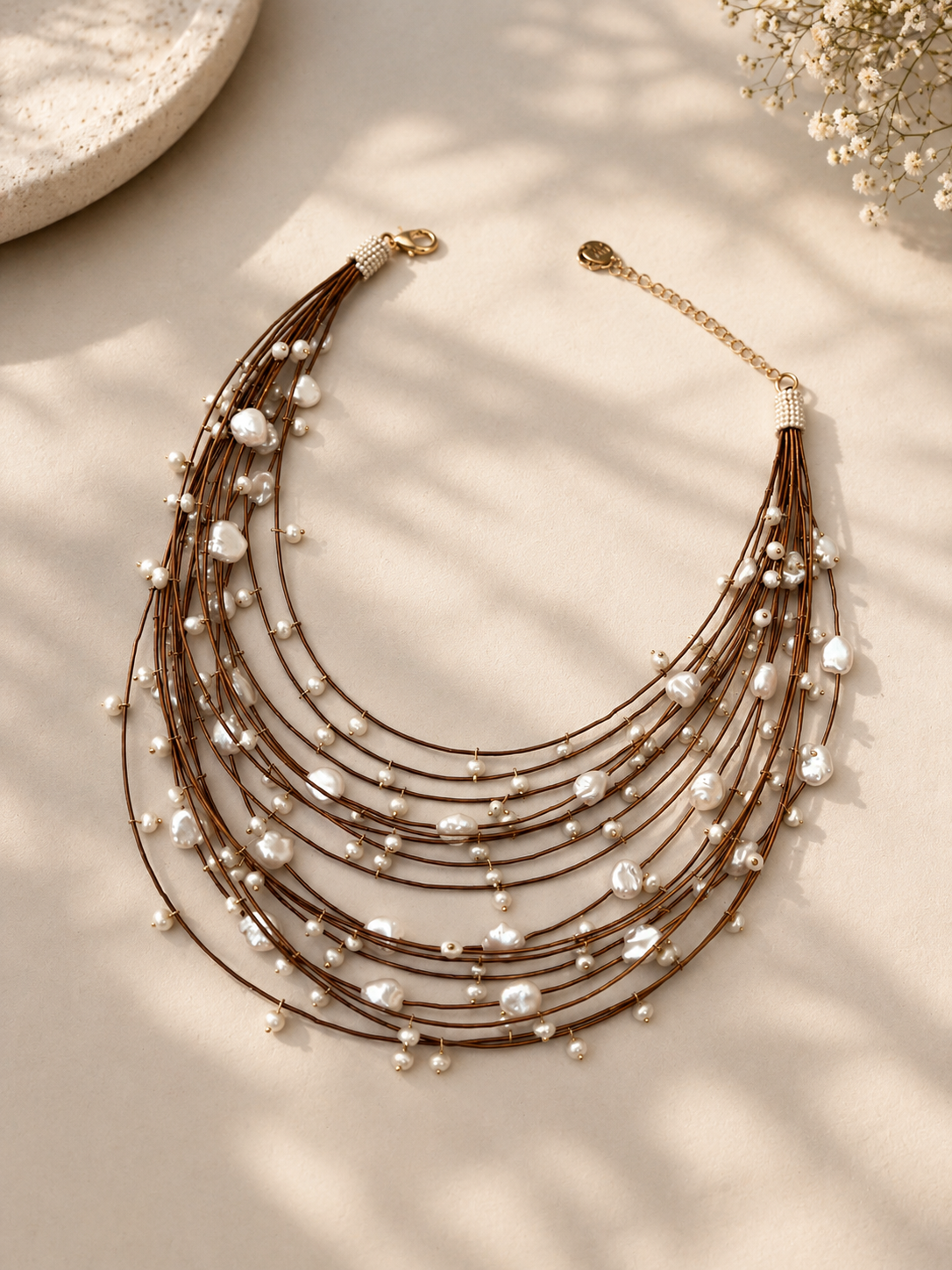 Pearl Wire-Layered Necklace – Multi-Strand Delicate Wire Design with Floating Organic-Shaped Pearls