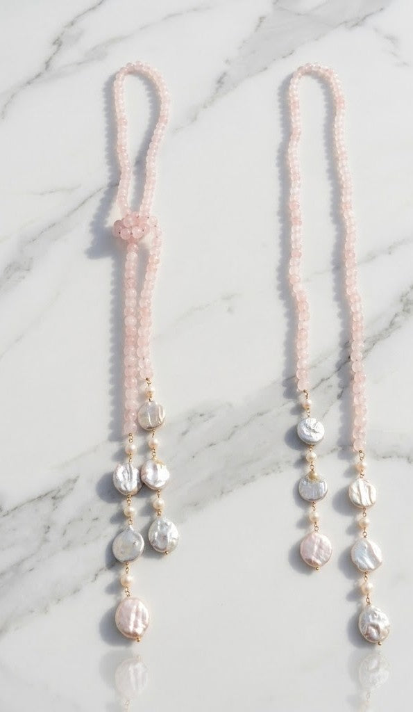 Rose Quartz & Pearl Lariat Necklace – Elongated Rose Quartz Beads with Iridescent Coin Pearl Drops