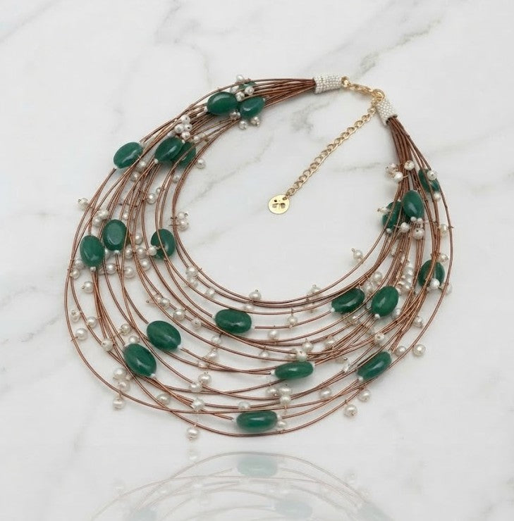 Emerald & Pearl Multi-Strand Necklace – Natural Green Stones with White Pearls on Metallic Strands