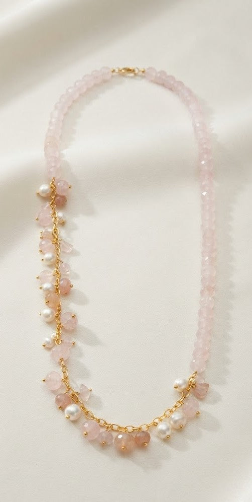 Rose Quartz Cluster Necklace – Asymmetric One-Sided Cluster of Rose Quartz and Pearl Drops on Delicate Chain