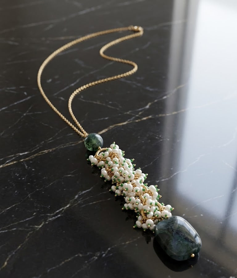 Forest Pearl Cascade Necklace – Green Moss Stone with Fresh Water Pearl and Emerald Cluster