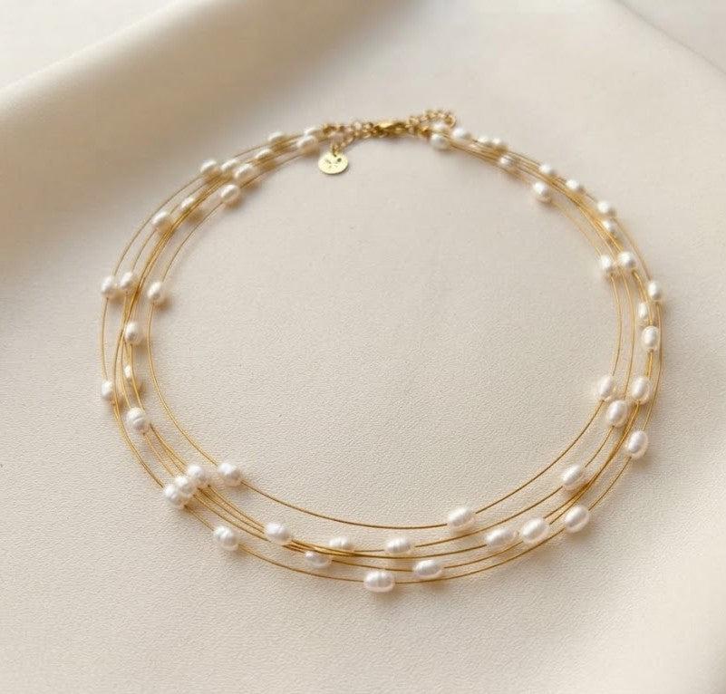 Pearl Minimalist Necklace – Floating Pearls on Fine Delicate Gold Wire Multi-Strand Necklace