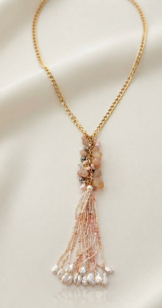Rose Quartz Tassel Necklace – Soft Rose Quartz Gems Flowing into Delicate Hand-Beaded Pearl Tassel