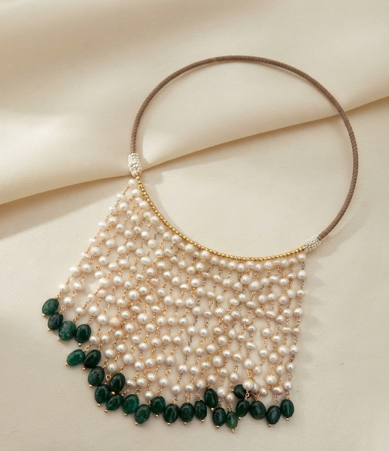 Pearl & Emerald Waterfall Necklace – Cascading Layers of Lustrous Pearls and Emerald-Green Stones
