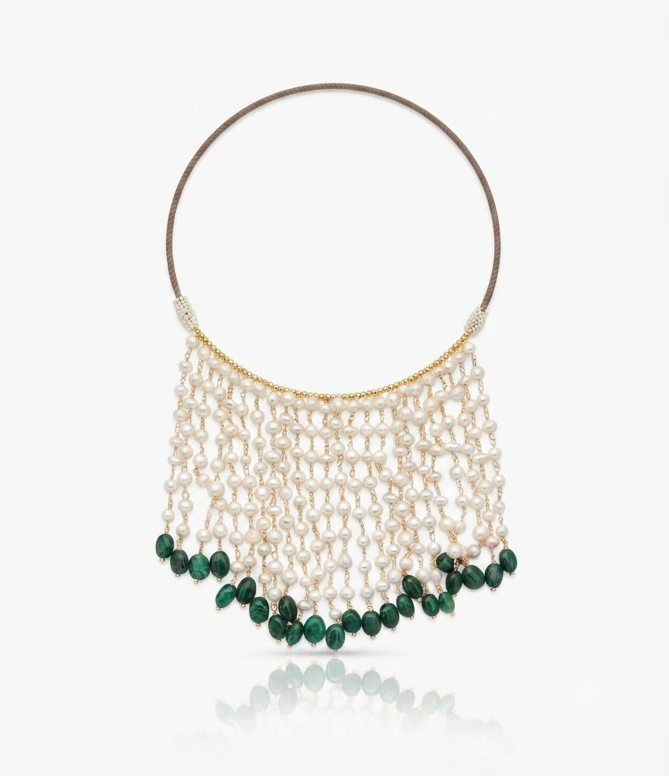 Pearl & Emerald Waterfall Necklace – Side View Showing Full Cascade