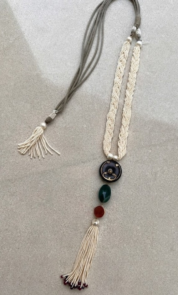 Midnight Mosaic Tassel Necklace – Rich Mosaic of Dark Natural Stones in Tassel Design