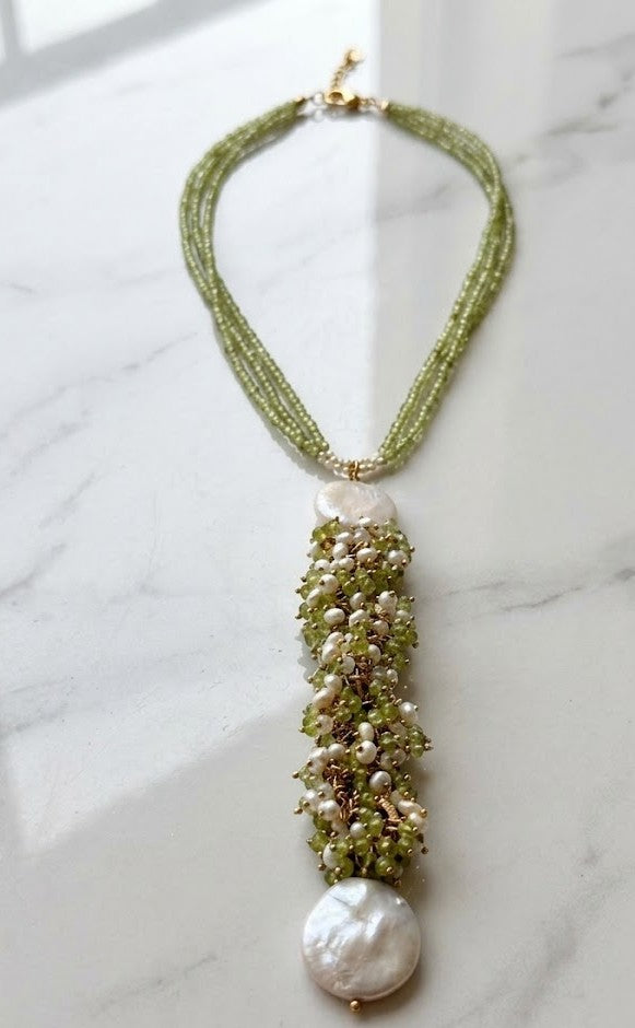 Verdant Pearl Cluster Cascade Necklace – Green Beads with Pearl and Olive Stone Cluster