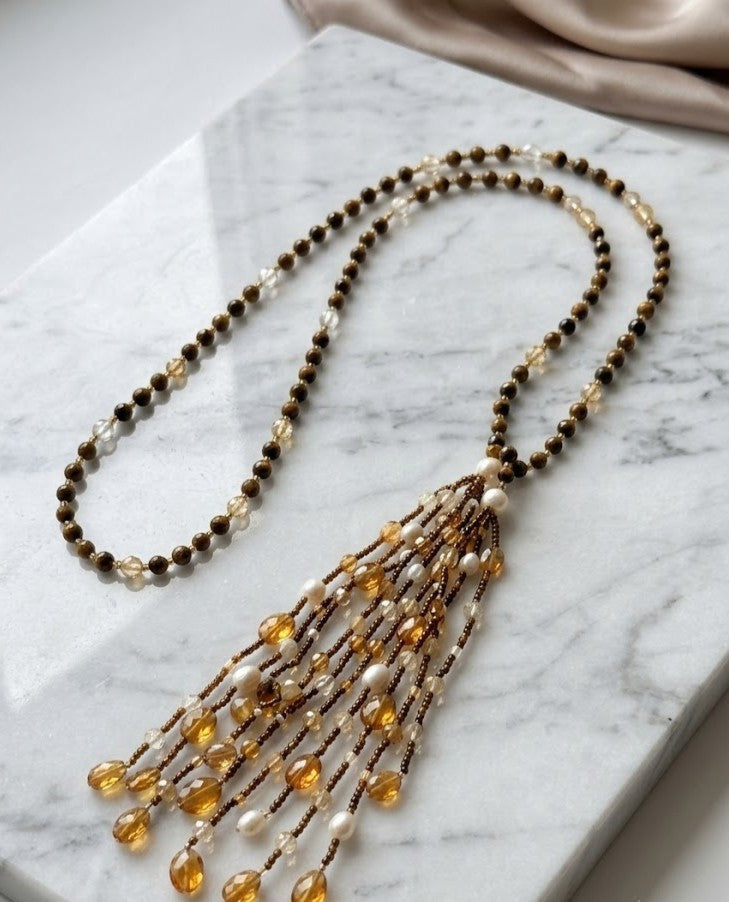 The Golden Amber Cascade Tassel Necklace – Warm Faceted Earth-Tone Beads with Teardrop Gemstone Drops