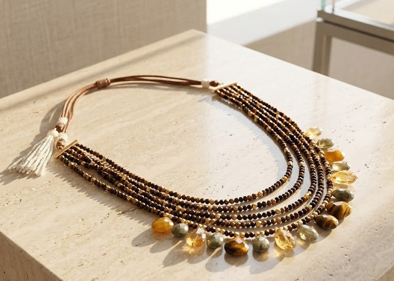 The Earth-Tone Layered Gemstone Strand – Layered Multi-Strand Necklace with Faceted Earth-Tone Beads and Teardrop Gemstones