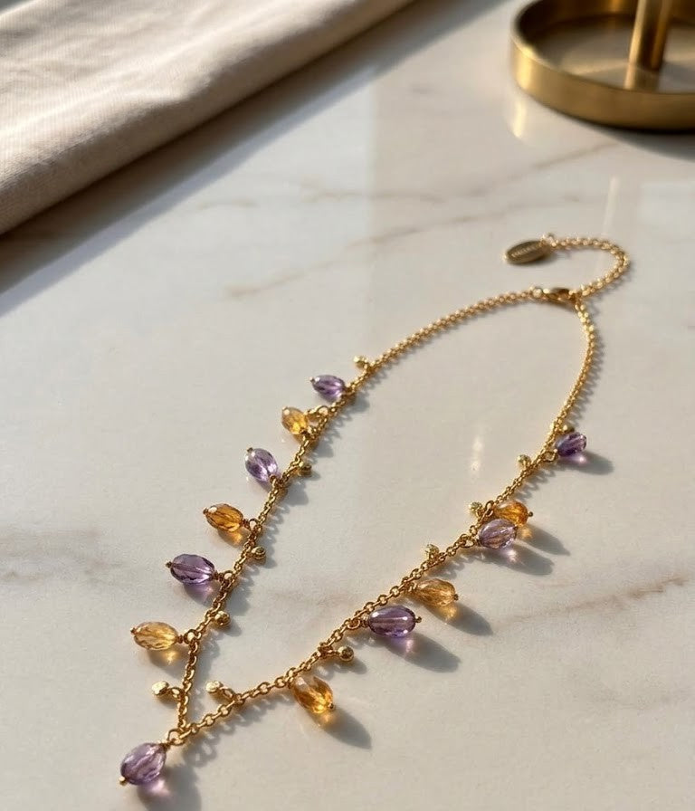 Amethyst & Citrine Charm Necklace – Delicate Gold Chain with Faceted Amethyst and Citrine Teardrop Charms