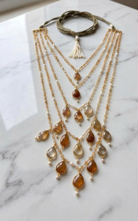 Champagne Bead & Pearl Necklace – Shimmering Champagne Faceted Beads with Lustrous Pearl Choker