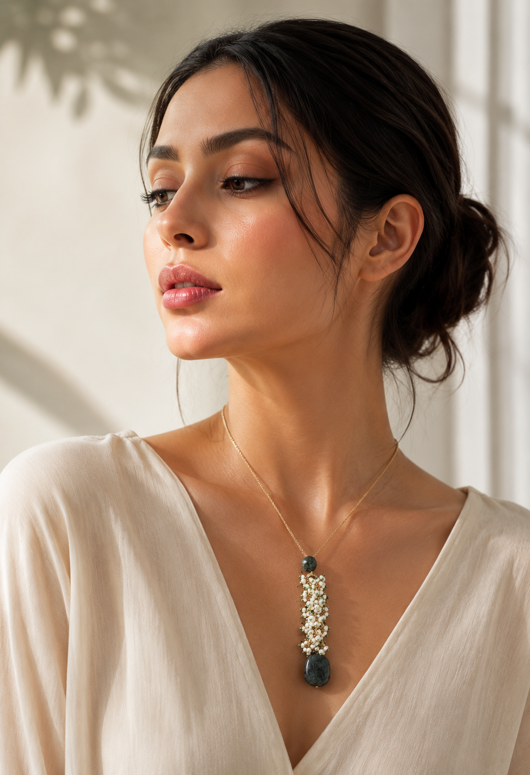 Forest Pearl Cascade Necklace – model wearing green moss stone and pearl cascade necklace