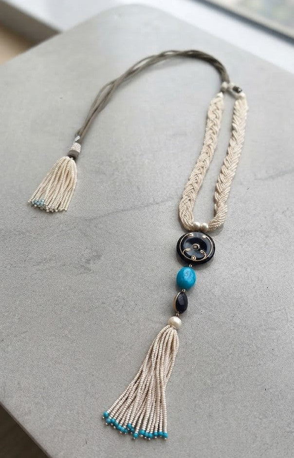 Midnight Turquoise Tassel Necklace – Deep Midnight-Blue Turquoise Stones with Hand-Knotted Tassel
