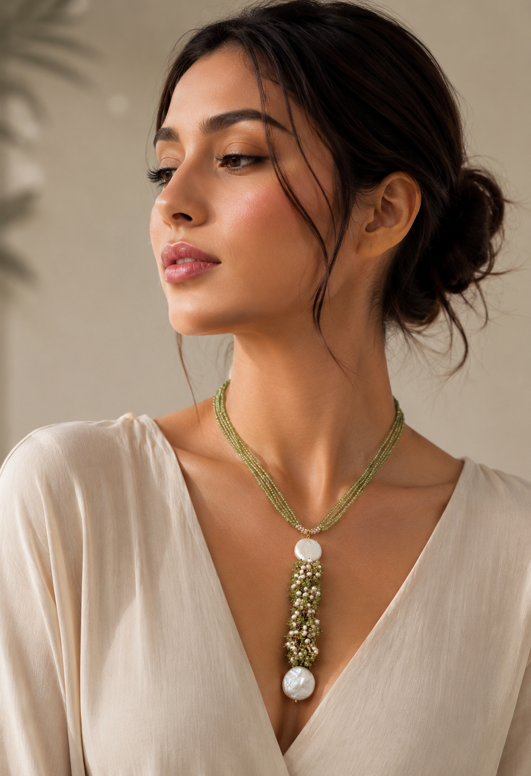 Verdant Pearl Cluster Cascade Necklace – model wearing green bead and pearl cascade necklace