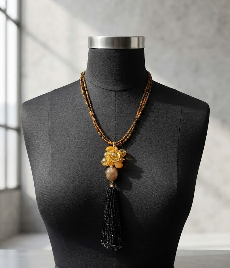 Natural Stone Honeycomb & Onyx Statement Necklace