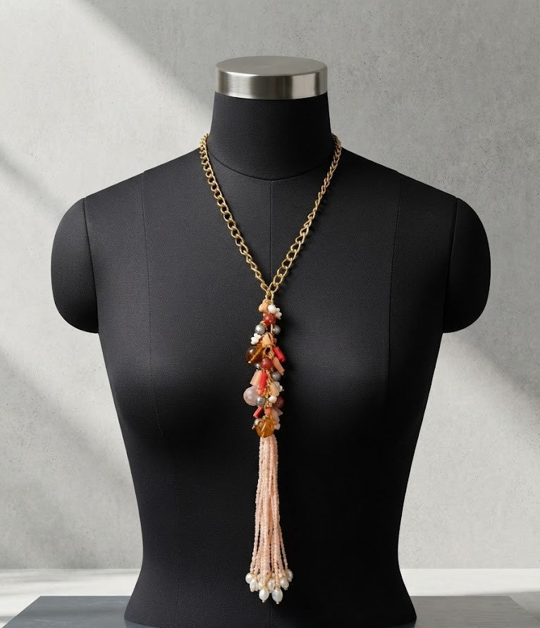 Natural Stone Sunset Coral Tassel Pendant Necklace