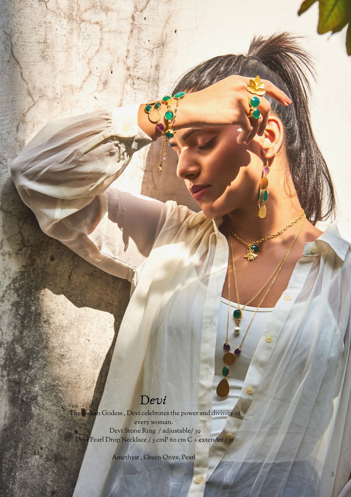 Devi Earrings: 7.5 cm Gold-Plated Drop Earrings with Glossy Onyx & Amethyst Stones