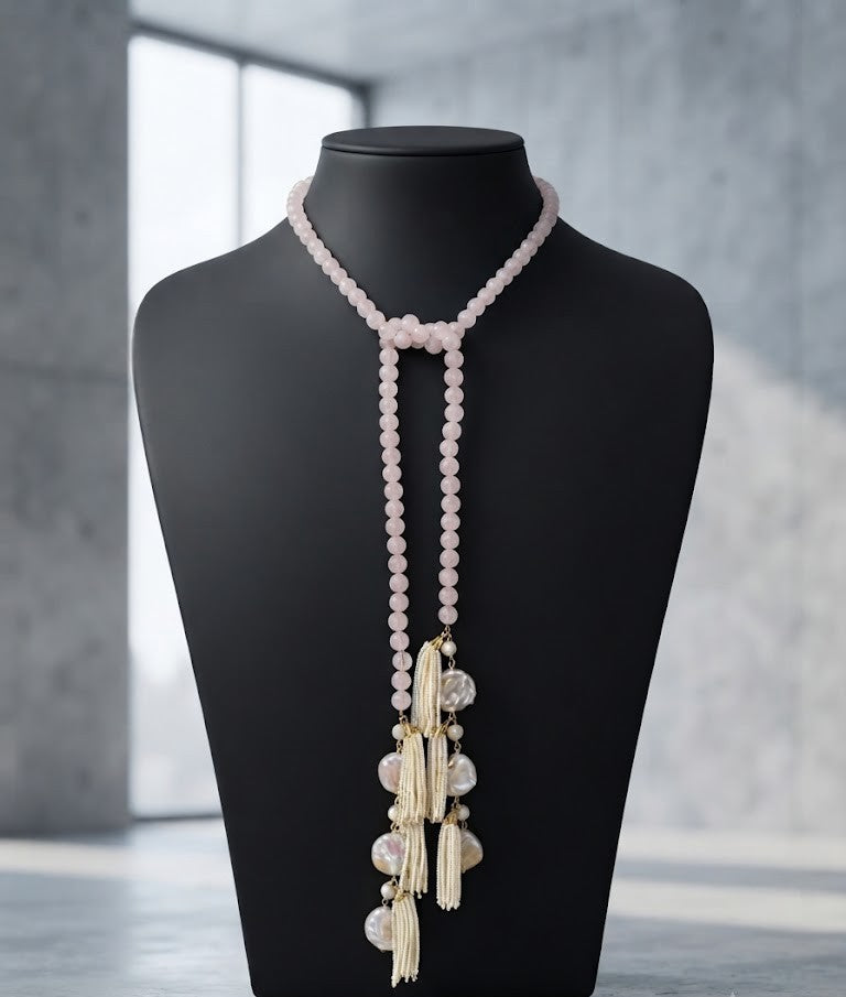 Rose Quartz & Pearl Lariat Necklace
