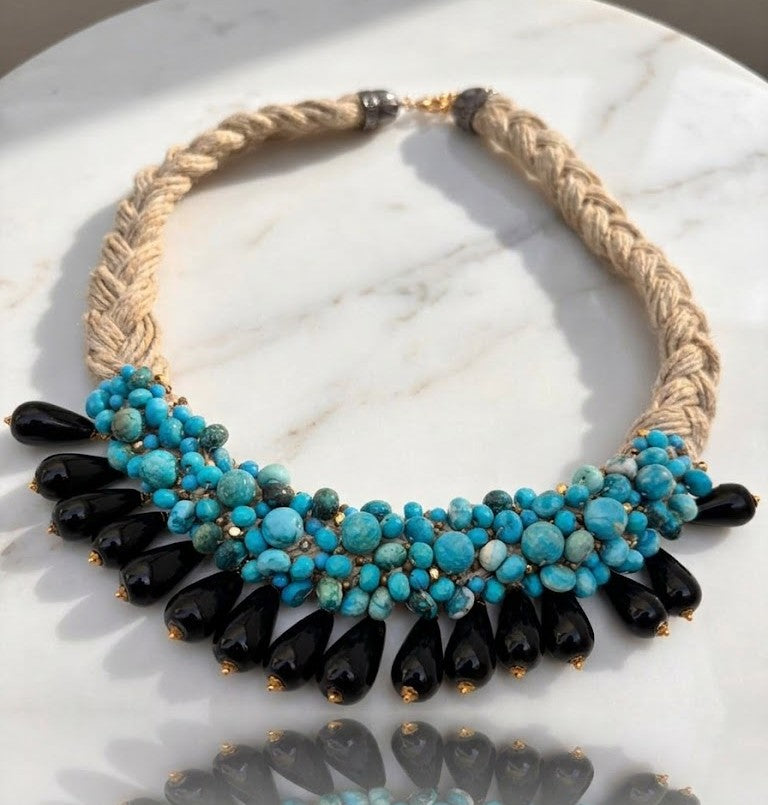 Dor Braided Turquoise Noir - braided jute necklace with turquoise and black accents