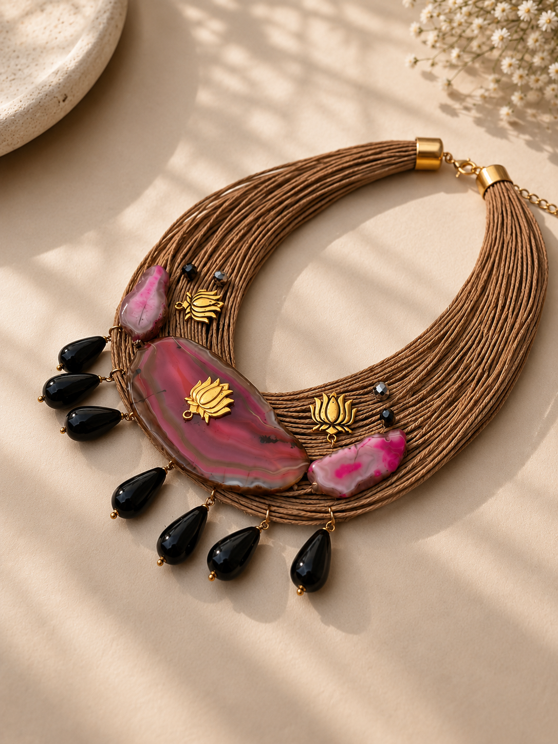 Dor Aura Necklace Blush - pink agate festive necklace with midnight-black accents