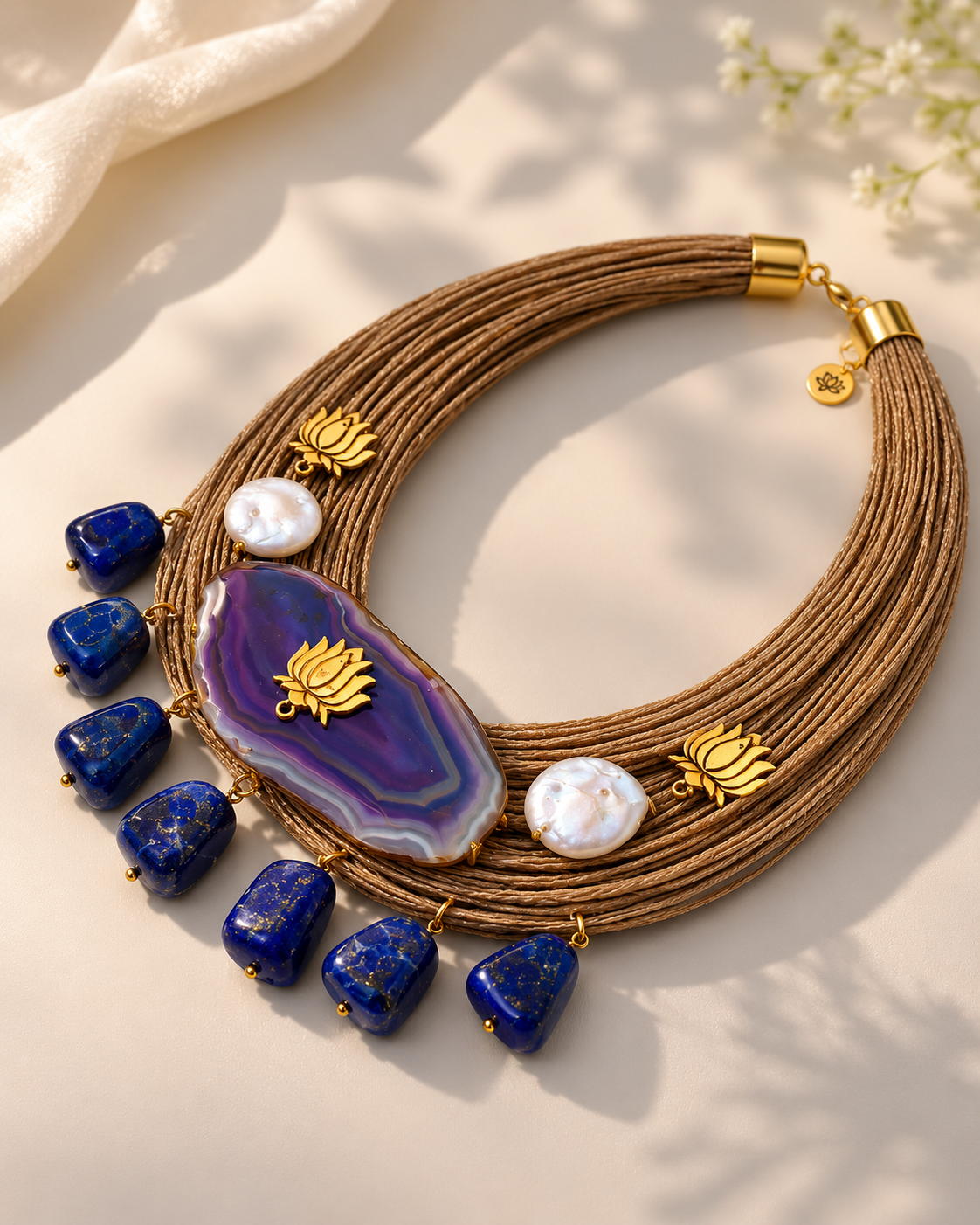 Dor Aura Necklace - natural agate lapis lazuli and pearl festive necklace with gold-tone elements