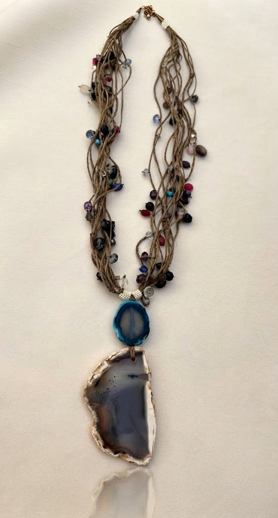 Dor Multi-Color Cascade - natural cord necklace with multicolour gemstones and agate focal point