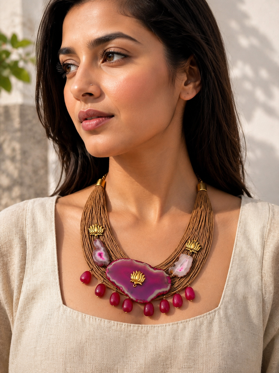 Dor Fuchsia Necklace - earthy corded necklace with bold fuchsia-pink highlights