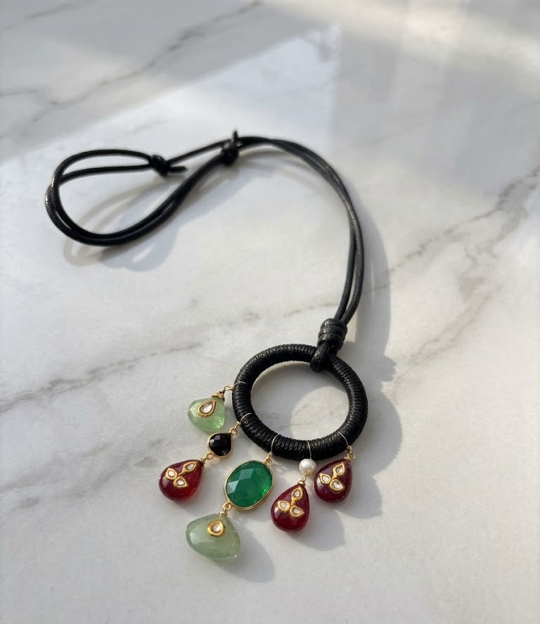 Dor Vibrant Accent Necklace - bold black cord with faceted gemstone cluster